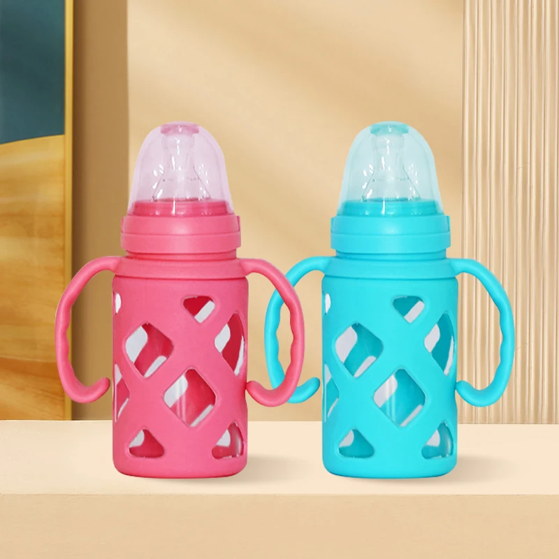Wholesale Custom Silicone Anti Slip Glass Feeding Bottle 120ML Baby Bottle with Silicon Rubber Case