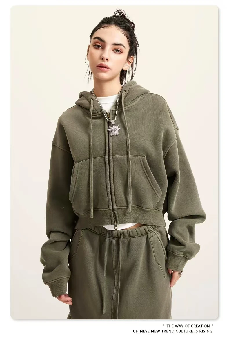 Autumn and Winter Vintage Washed Latin American Double Zipper with Velvet for Short Hoodie Coat