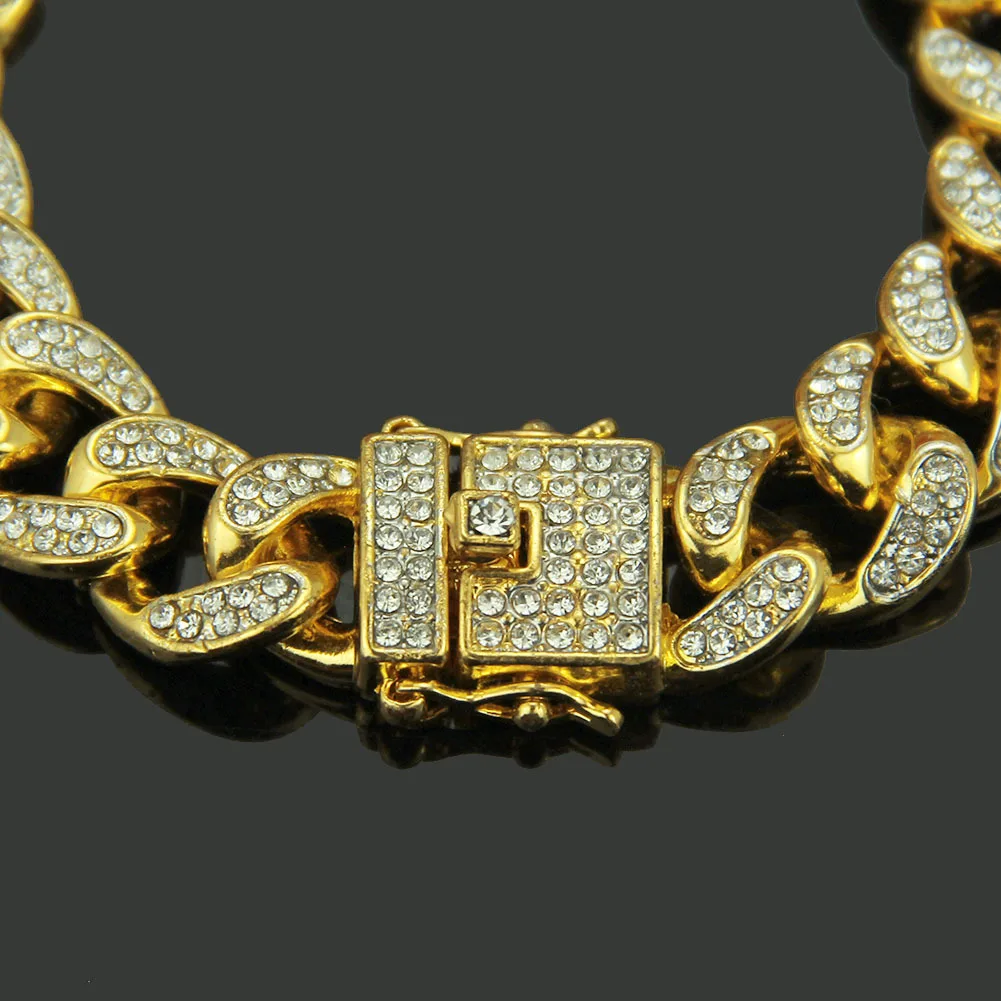 Fashion Men Women Gold Silver Color Bracelet Hip Hop Punk Style Cuban Paved Clear Rhinestones Bangles for Mens Party