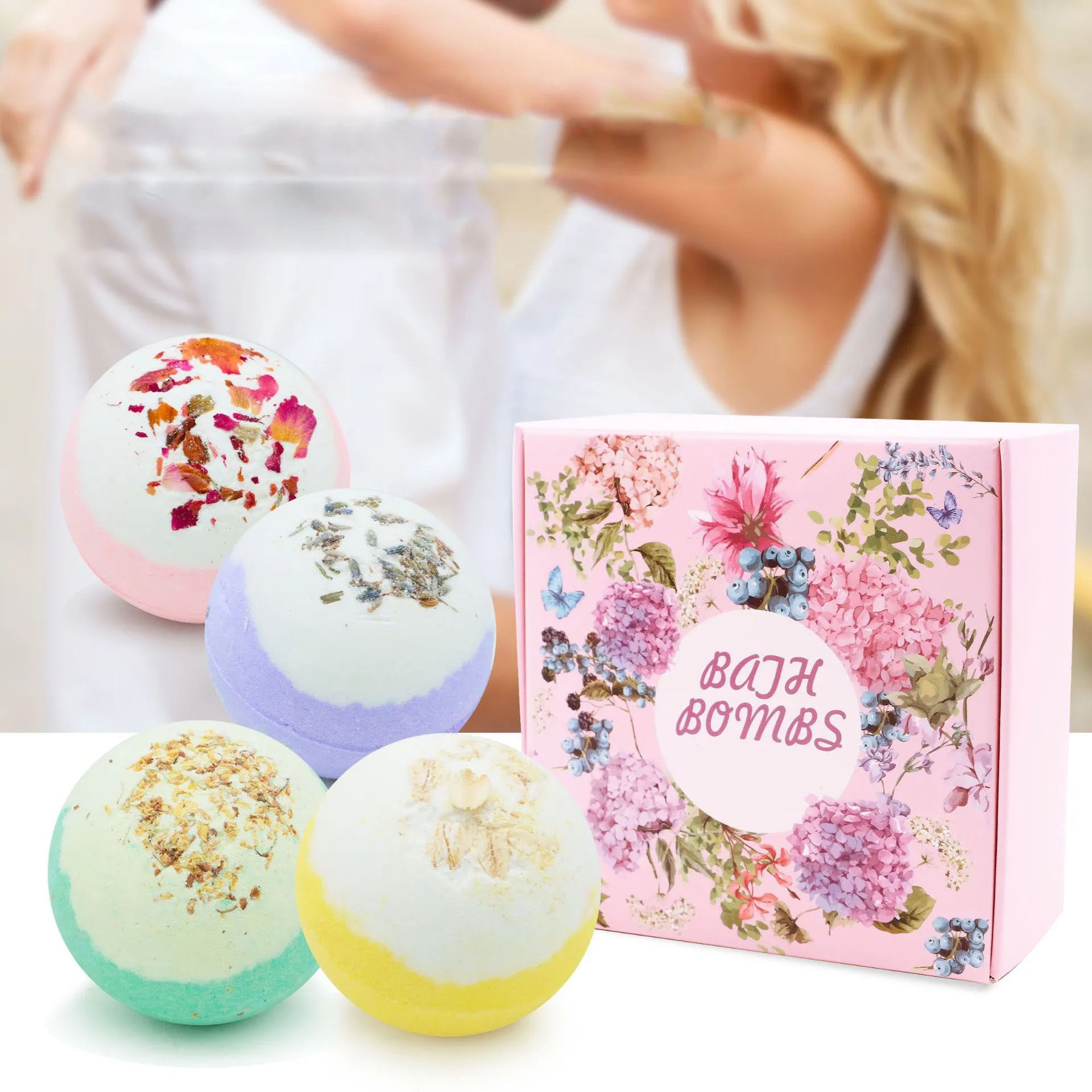 Bath Bombs Gift Set Handmade Colorant Press Bubble Spa Bath 4 Flavors Natural Vegan Organic Fizzy Bathbombs for Women Kids&Girls