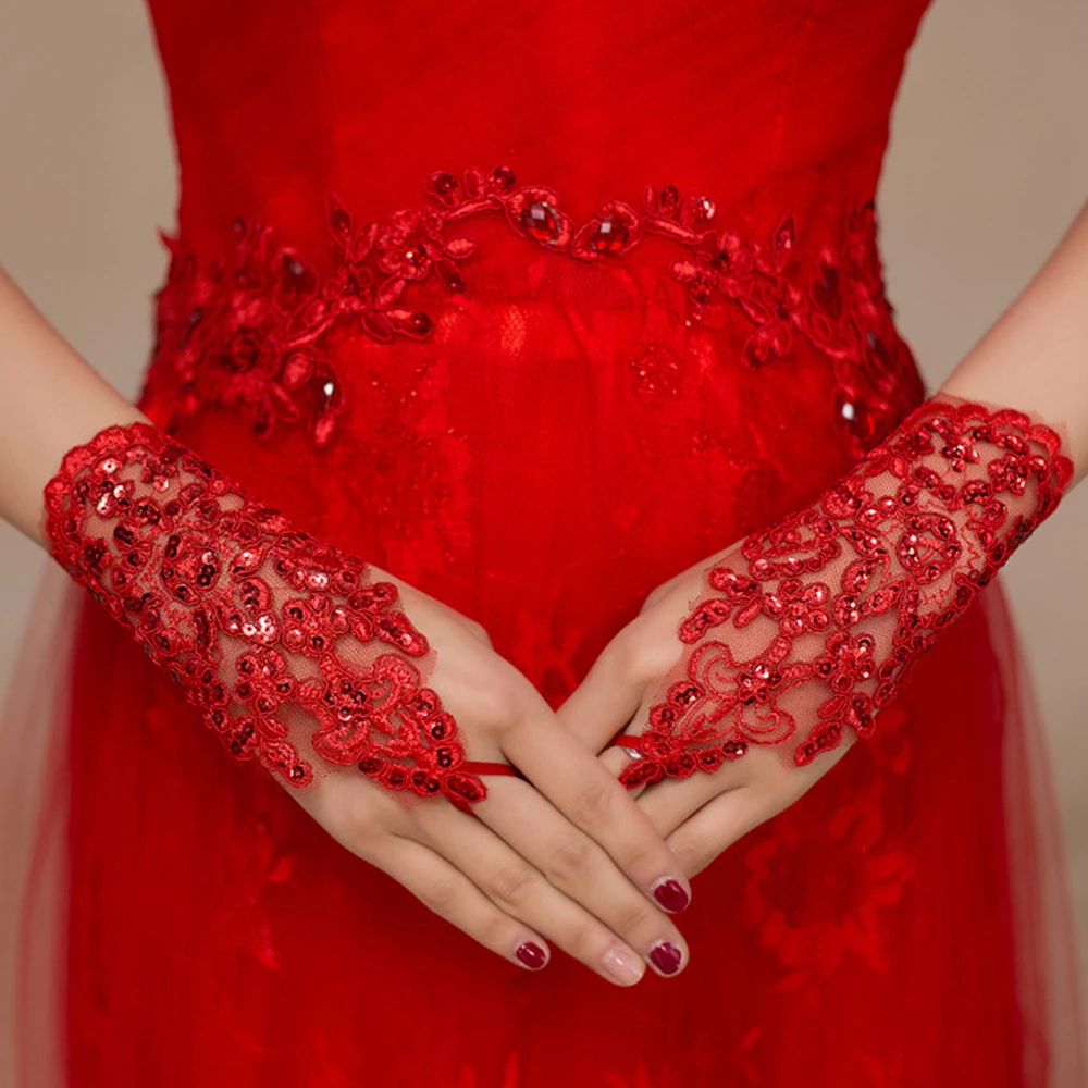 New Short Fingerless Lace Bridal Wedding Gloves Women Wedding Accessories Embroidered Bridal Tulle Hand Gloves Wrist Length