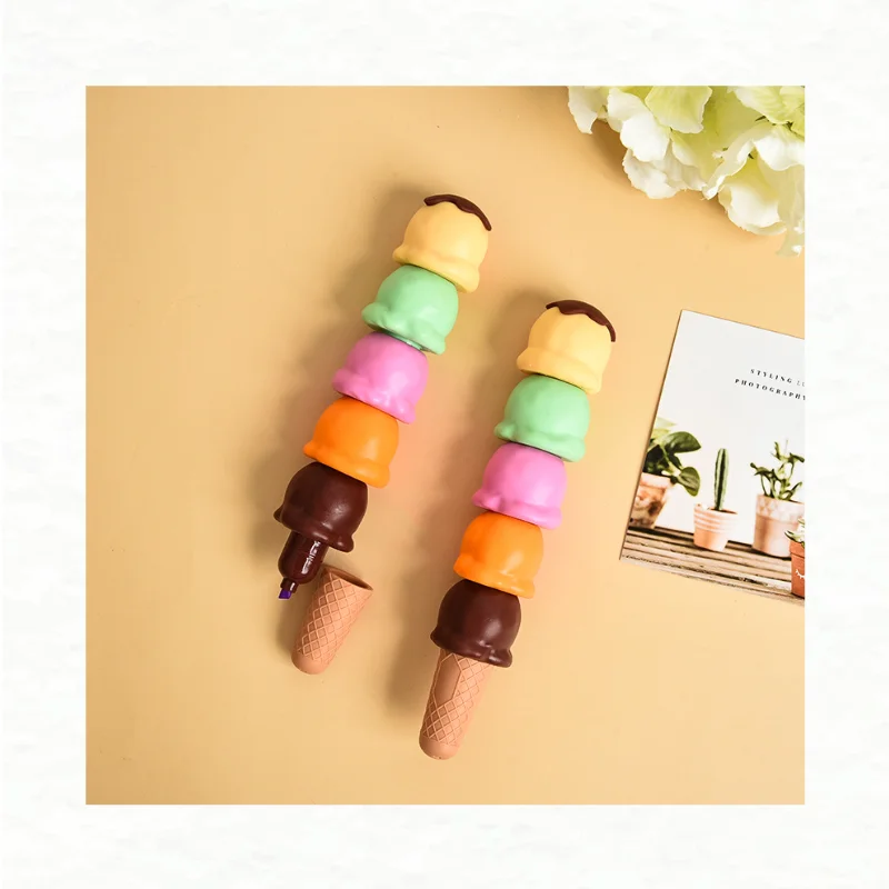 Cute cartoon highlighter pen, student creative splicing ice cream color marker pen, student stationery mini marker pen