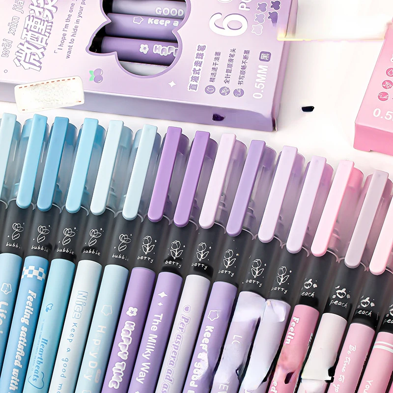 Macaron straight liquid neutral pen creative student 0.5mm black signature gel pen set 6 pieces
