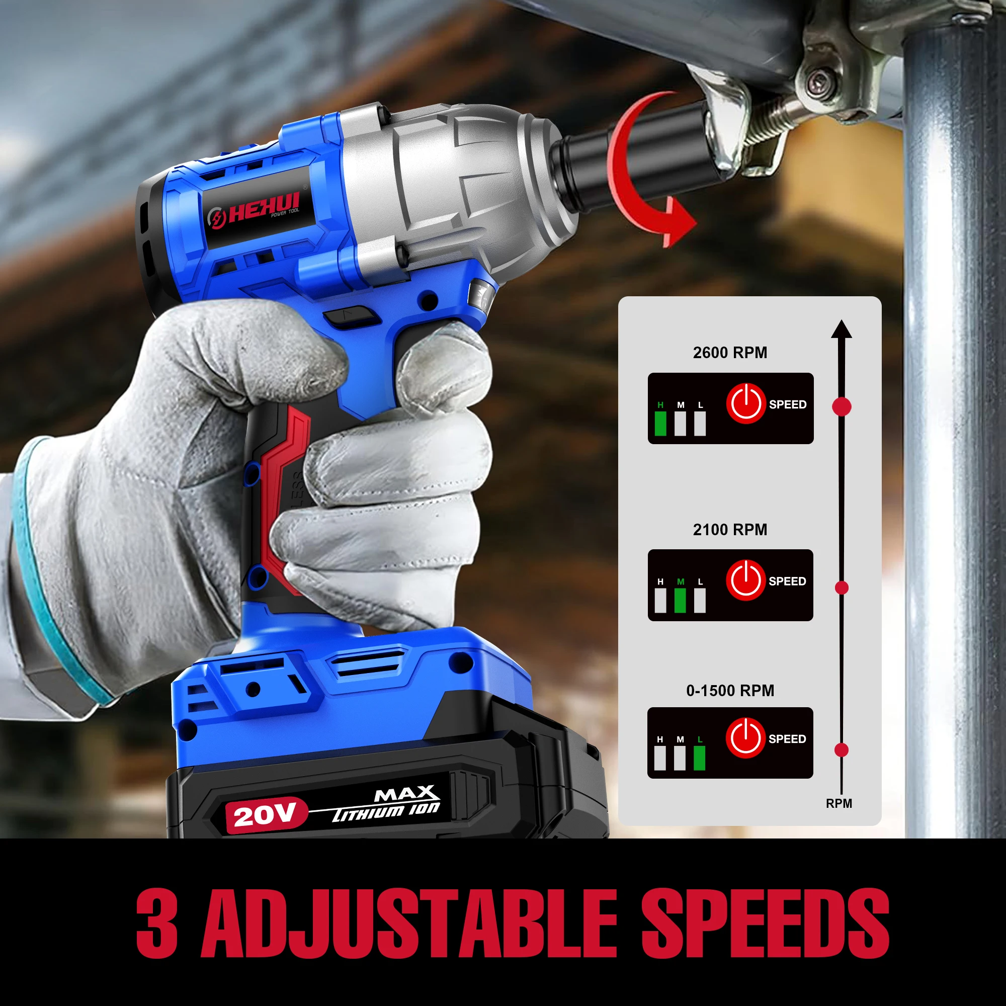 Hehui 20V 2.0Ah Battery Rechargeable Torque Industry Brushless High Torque 500N.M Electric Impact Wrench