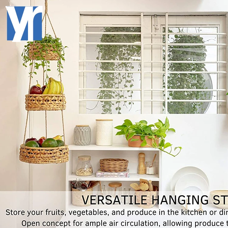 Best Selling Natural Materials Hand-woven Fruit Baskets Eco friendly Water Hyacinth 3 tier hanging  fruit Storage Basket