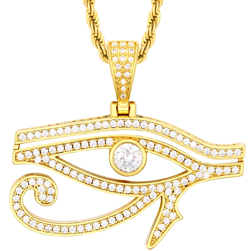 Gold Diamond Horus Eye Necklace Pendant Ancient Egyptian Style Pharaoh Patron God