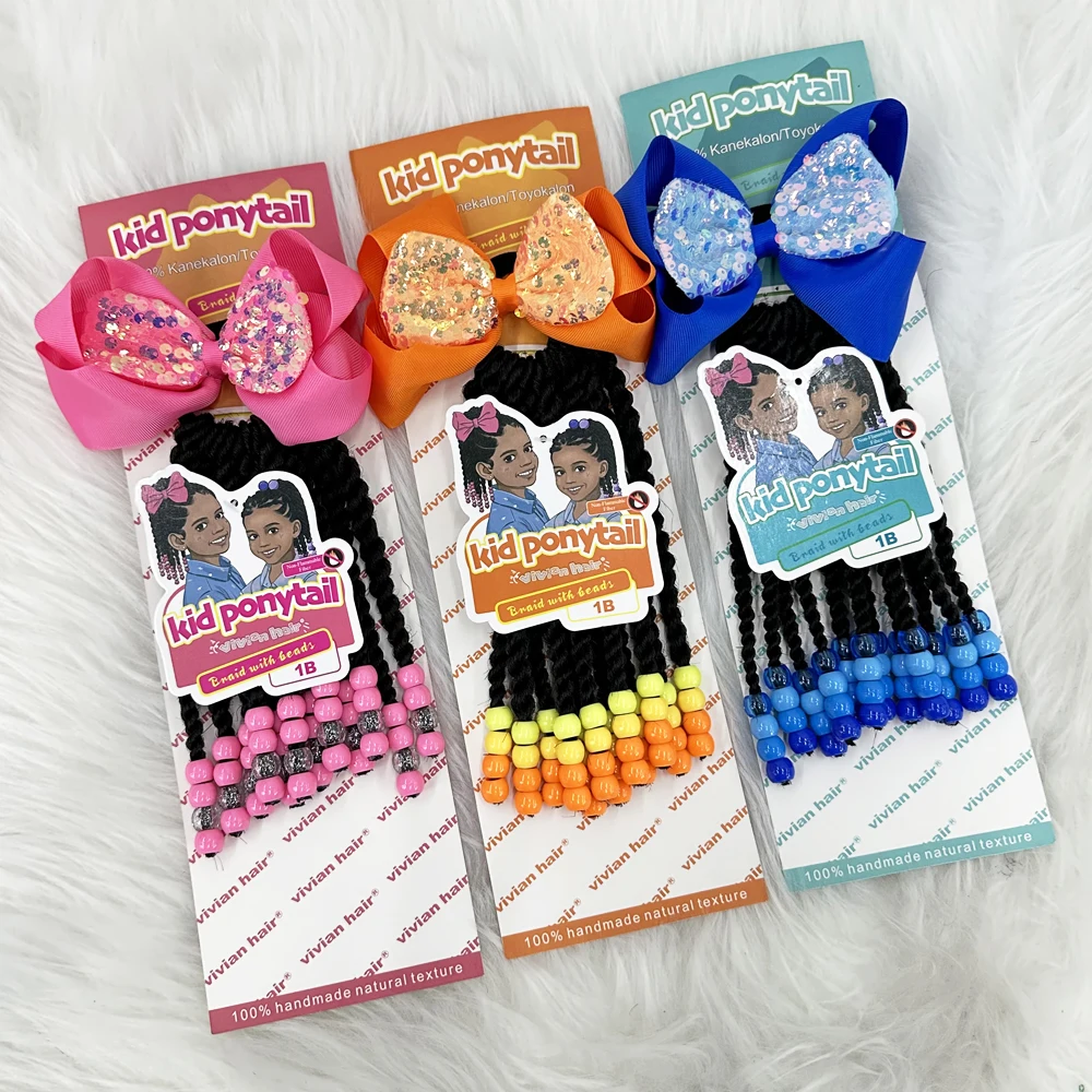 Vivian box braid ponytails with colorful beads pink bow tie Cornrow Braids for kids baby girl fashion hair styles