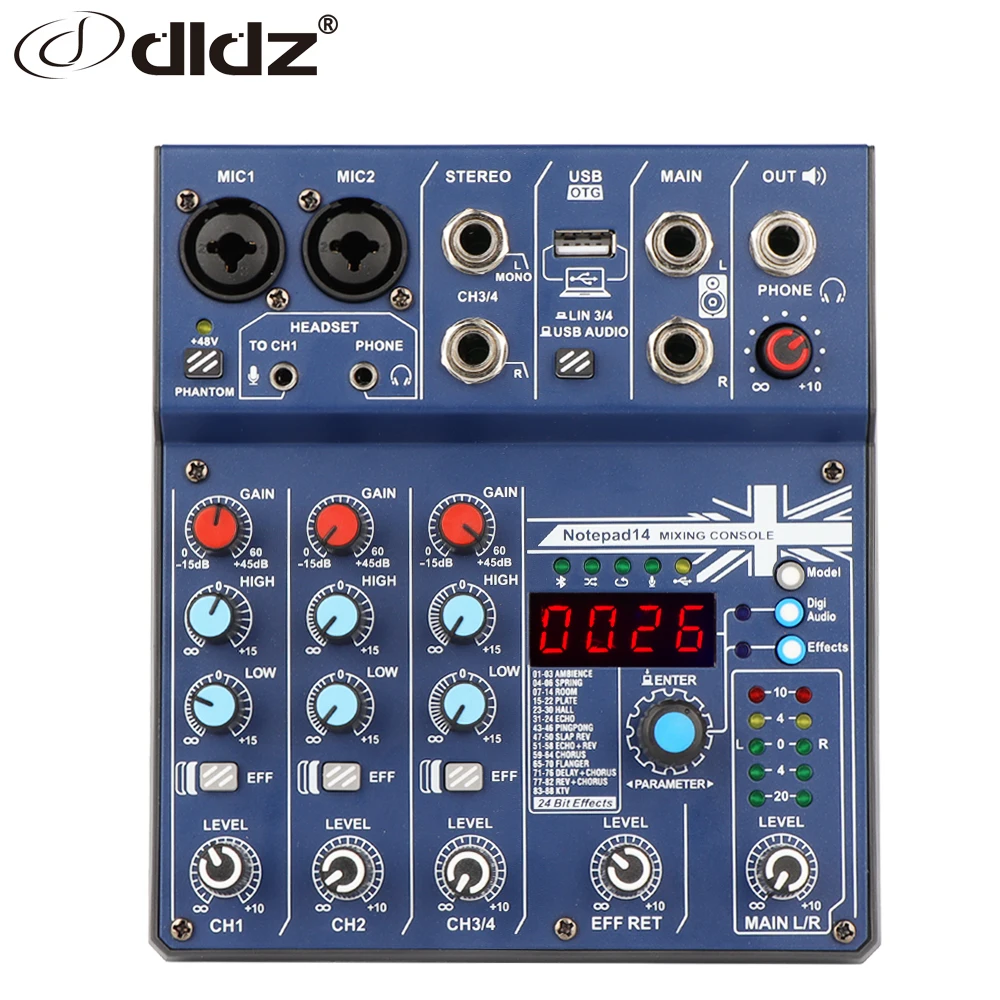Dldz 4 канала портативный профессиональный звук музыки DJ микшер с BT USB интерфейс 48В блок питания и
