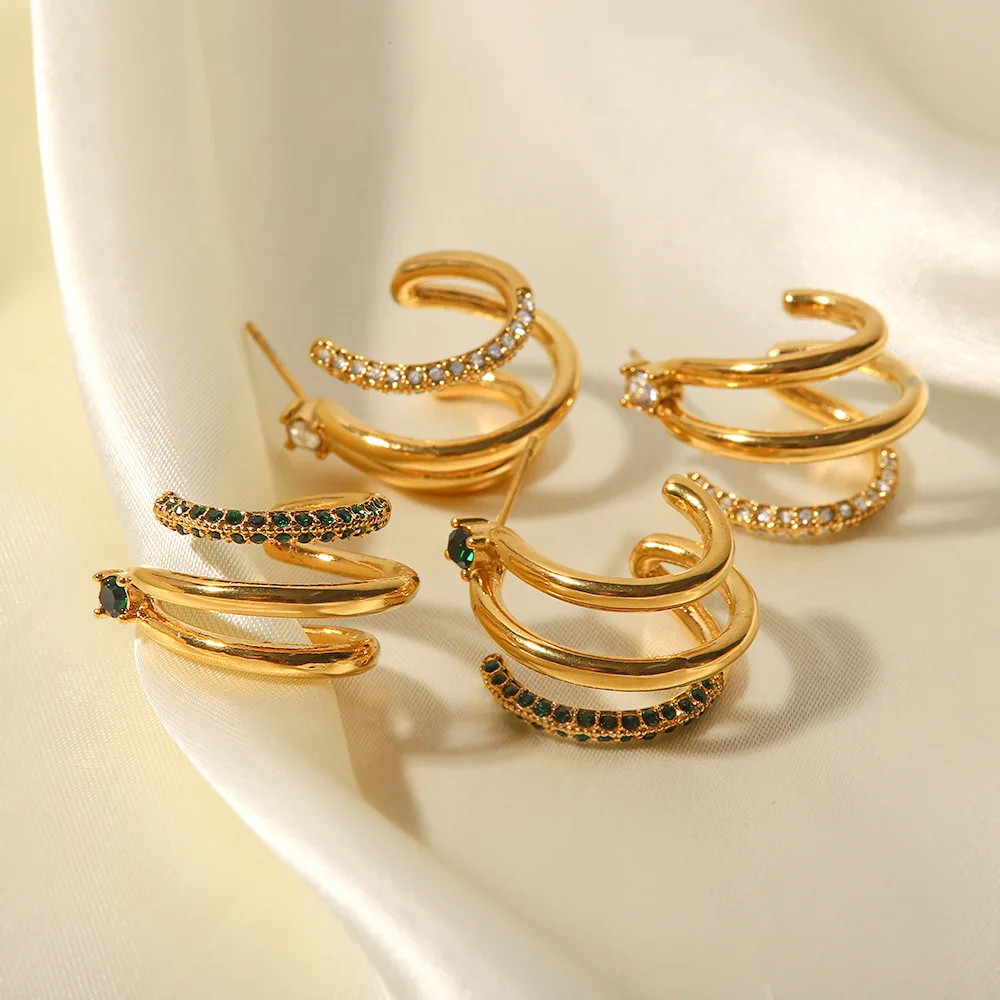 New 18k gold plated stainless steel with three layers of green/white cubic zirconia geometry stainless steel earrings