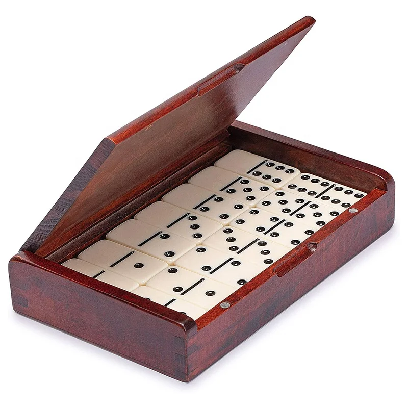 Imports 28 Tiles Double 6 Dominoes Pips Dots Game Set Jumbo Tournament Size Dominos with Dark Oak Wood Case