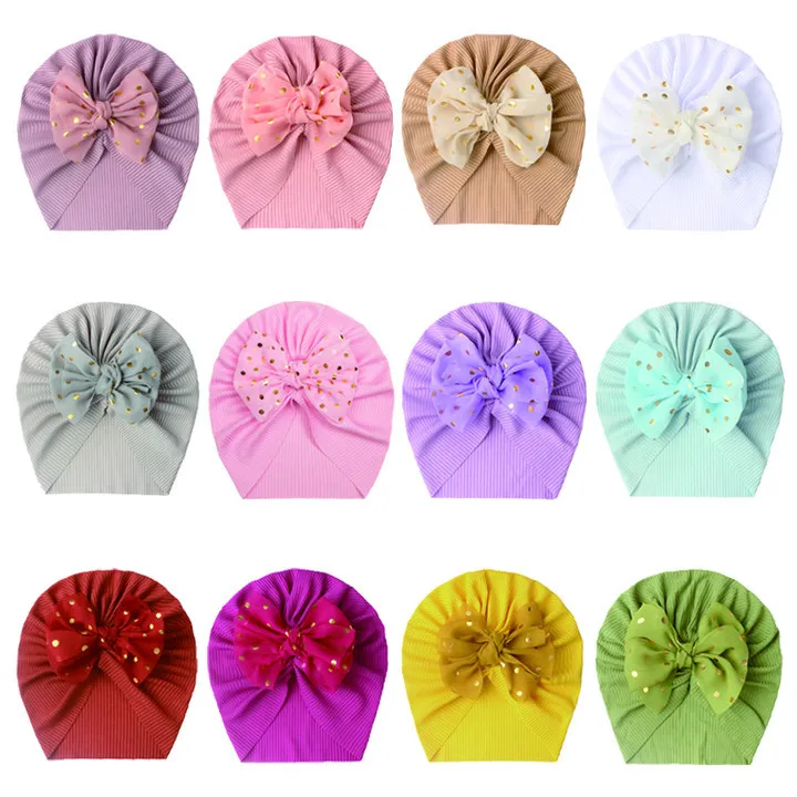 Solid Ribbed Turban Hat for Baby Boys Girls Chiffon Glod Dot Bowknot Beanies Infant Photo Props Newborn Caps Headwraps