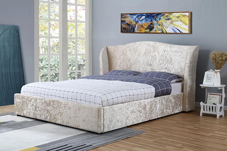 Willsoon Wing Back Double Bed Frame champagne velvet Fabric oyster bed with storage ottoman bed tempat tidur