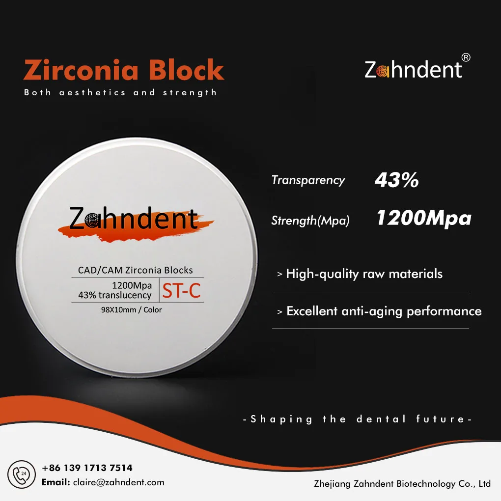 Zahndent лидер продаж высокое качество 43% полупрозрачность стоматологический cad cam ST-C циркониевый керамический блок для стоматологической