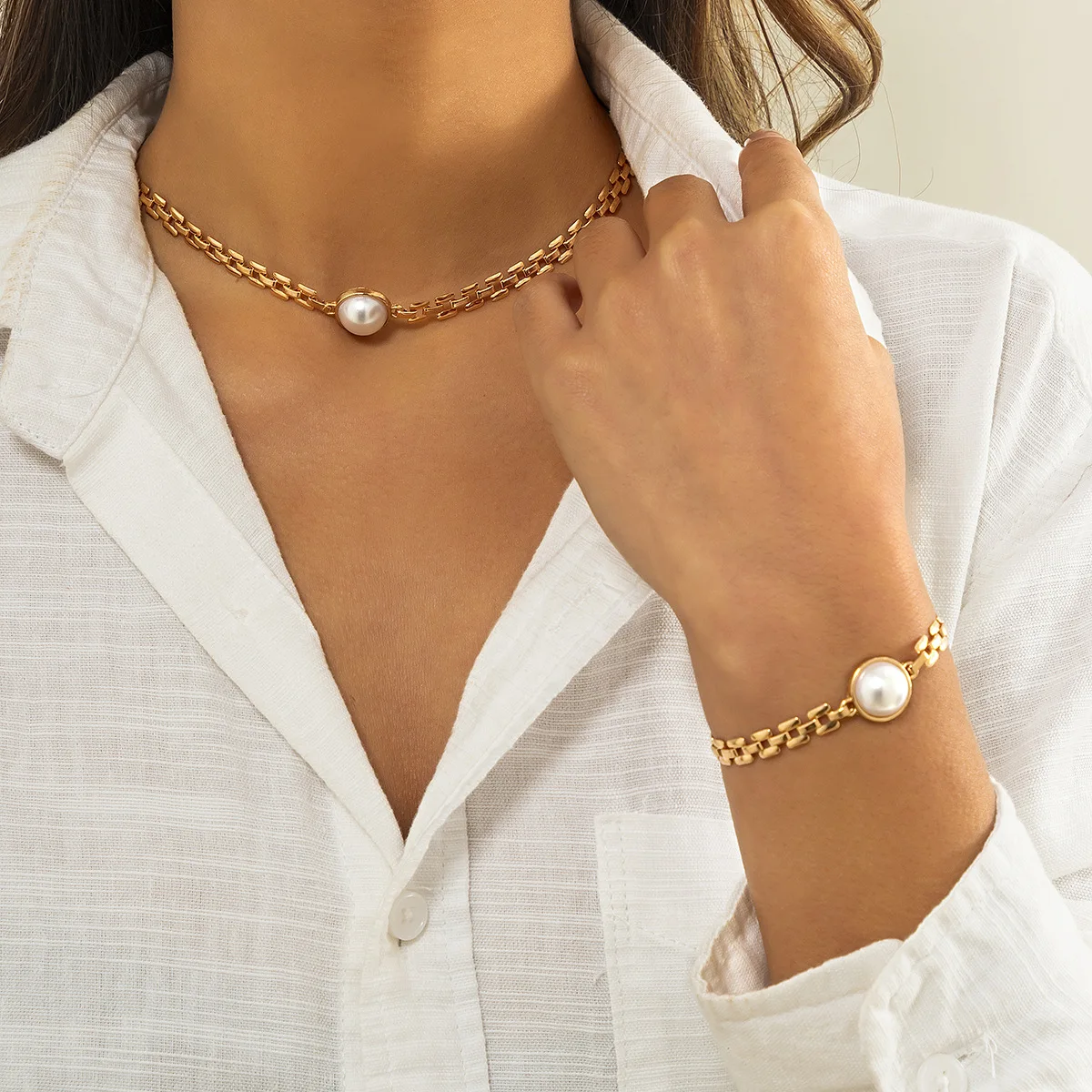 SC New Simple Alloy Bracelets Necklace Set Choker Necklace Geometric Square Thin Link Chain Pearl Necklace Women Neck Jewelry