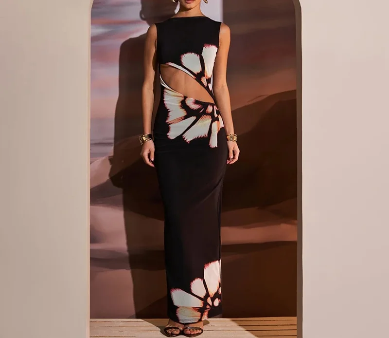 2024 New Fashion Summer new fashion vintage print sleeveless hollow sexy slim-fit color matching dress