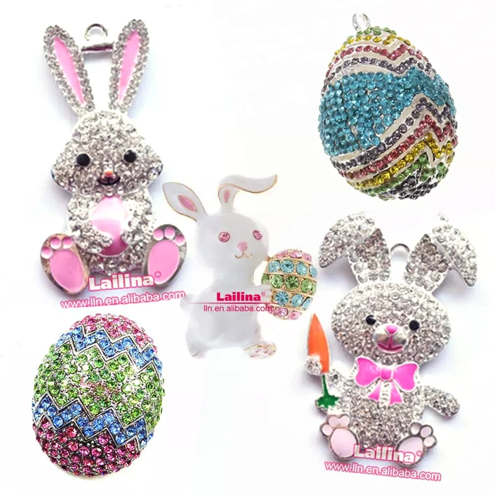 Easter Bunny Carrot Bow Pendant Rhinestone Easter Pendant Chunky Necklace