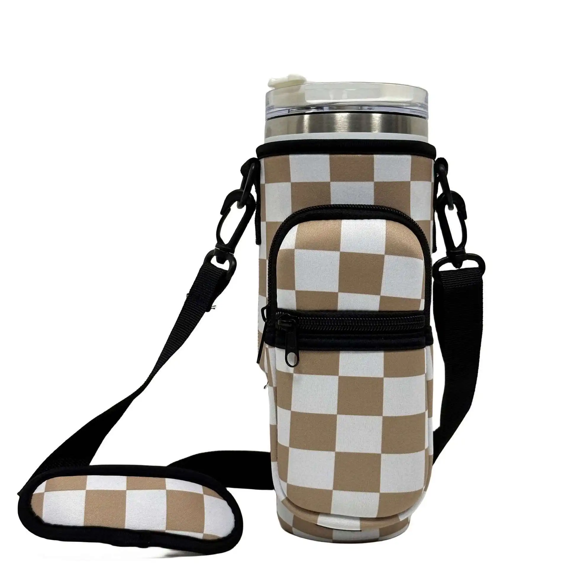Trendy Adjustable Strap Neoprene 40Oz Water Bottle Carrier Sleeve Pouch Tumbler Cup Holder Sling Bag With Zipper Phone Pocket