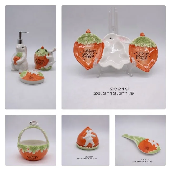 hot sell  Cute Cartoon hand-paint  rabbit shape dispenser  dolomite Easter bathroom set