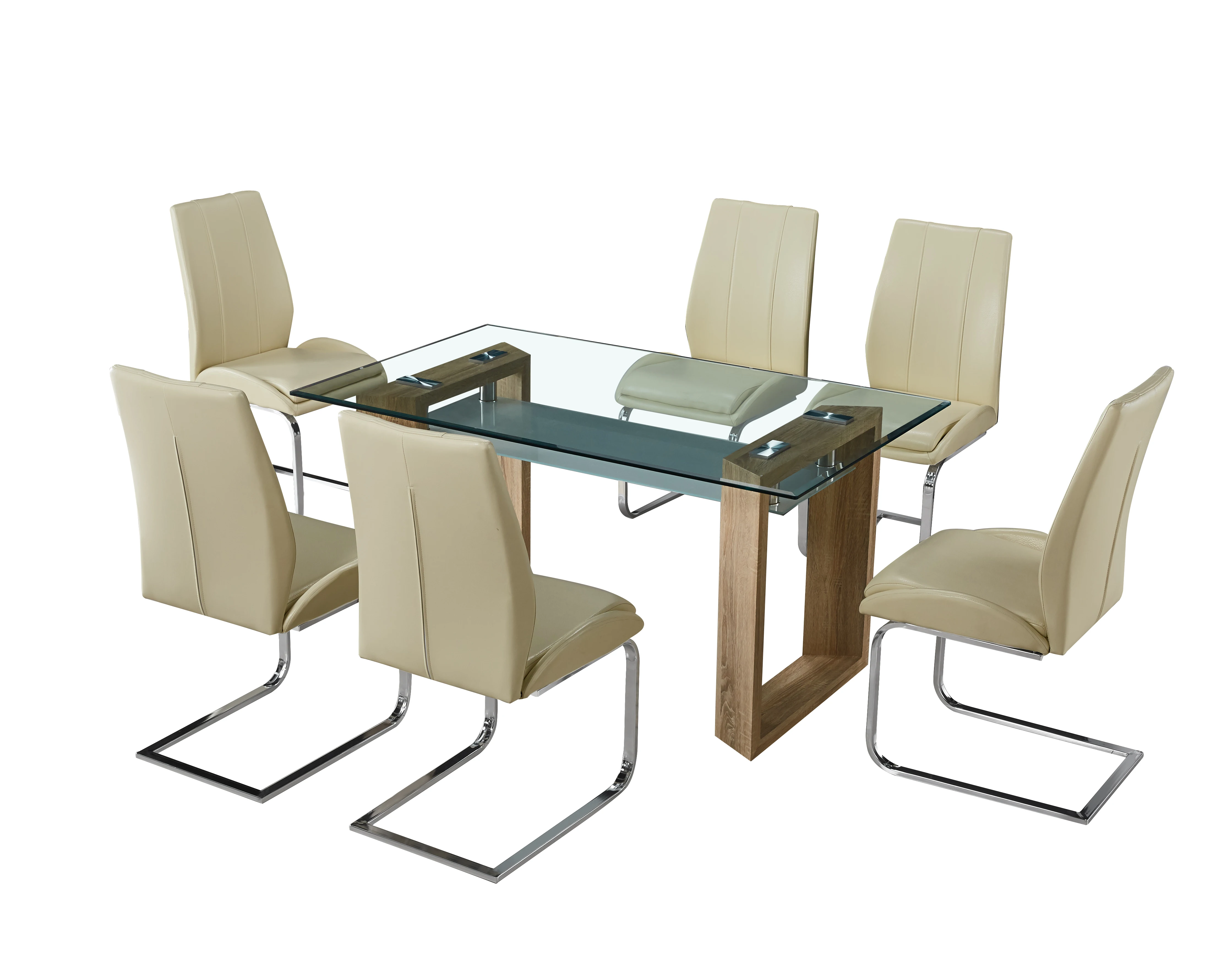 Modern Furniture Silver Dinner Room Table and Chairs Glass Top Dining Table Set Transparent Metal OEM Tempered Material