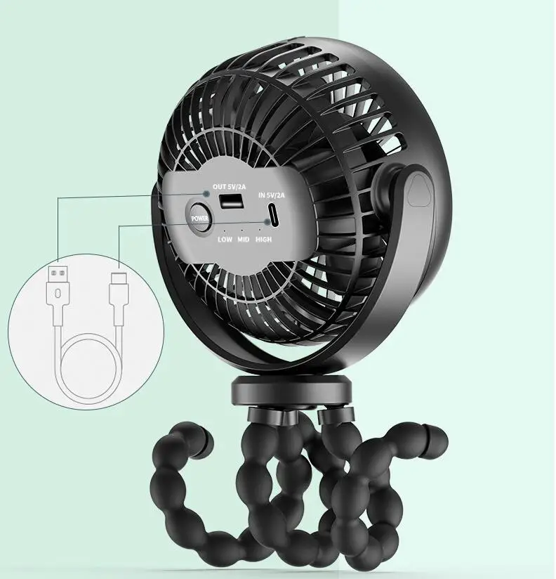 Flexible Tripod Clip Fan Rechargeable Portable Mini Usb Octopus Baby Stroller Fan