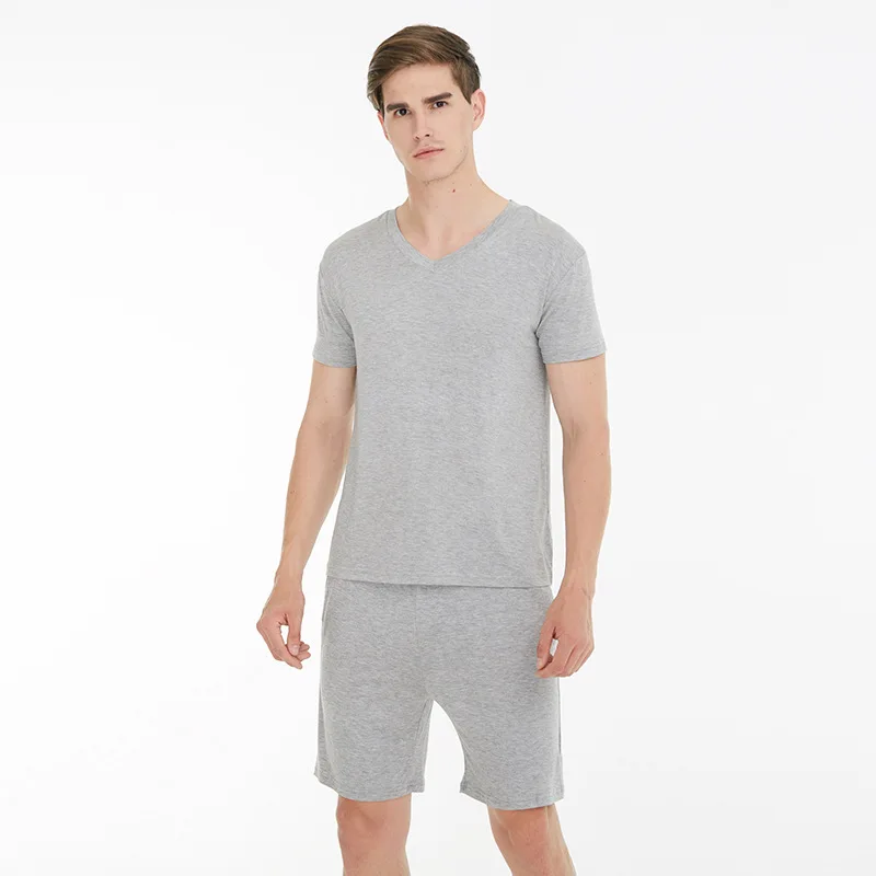 Летняя мужская одежда LYX025, пижамы из модала с V-образным вырезом, пижамы, костюмы, повседневная одежда для отдыха с коротким рукавом, однотонная