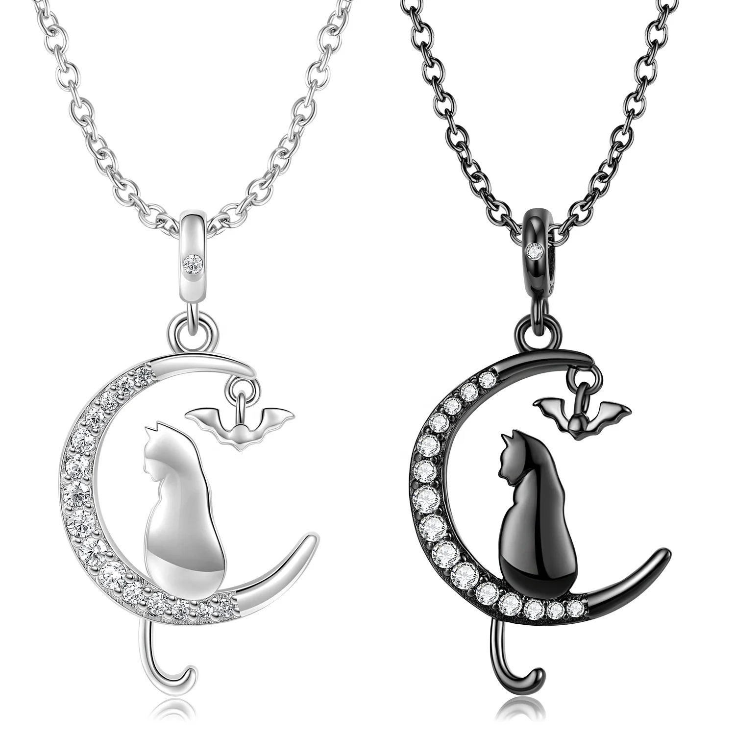 Moon Cat and Bat Necklace Pendant with Clear Zirconia Authentic 925 Sterling Silver for Amazon Women Necklace Jewelry Wholesale