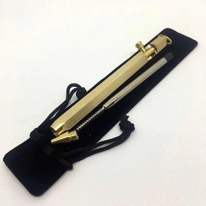 Retro Masterpiece Six Edge Personalized Logo Hexagon Ball Pen Defense Mini Pocket Brass Bolt Action Pen with Key Ring
