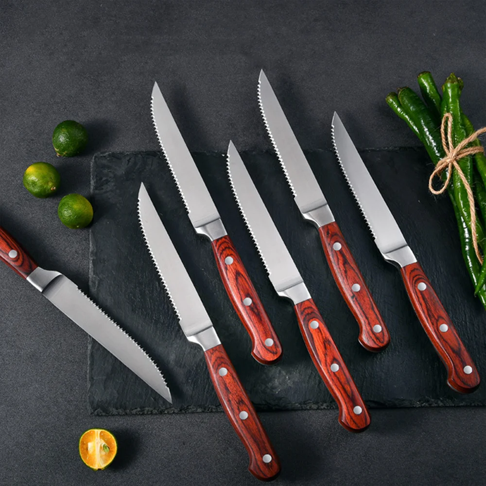 Premium Custom Logo Bulk Buy Sale German High Carbon Stainless Steel Serrated Kitchen Steak Knives Blanks Set with Wood Handle