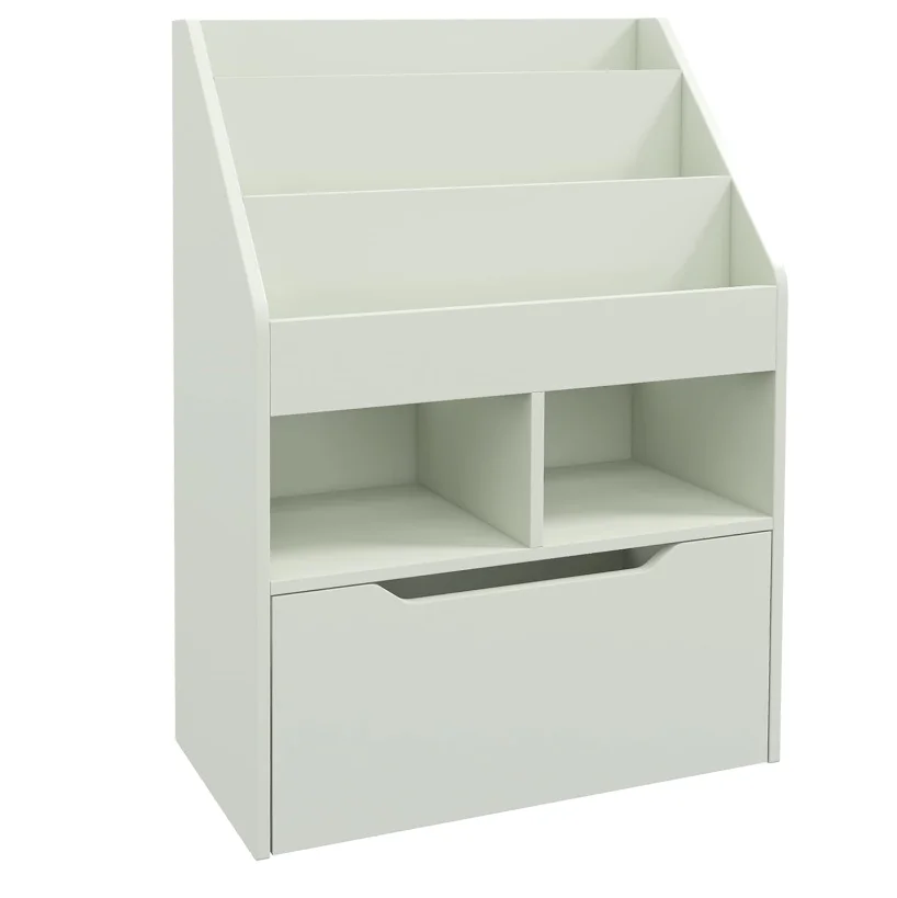 Multi-Storage Bookcase with 3 Shelves 2 Niches Large Drawer in Light Green Wood