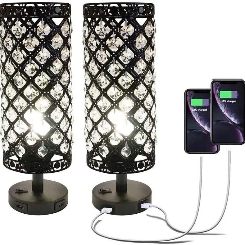 Touch Control Crystal Table Lamp Set of 2 Bedside Nightstand Lamps with 2 USB Charging Ports, 3-Way Dimmable K9 Crystal Decorate