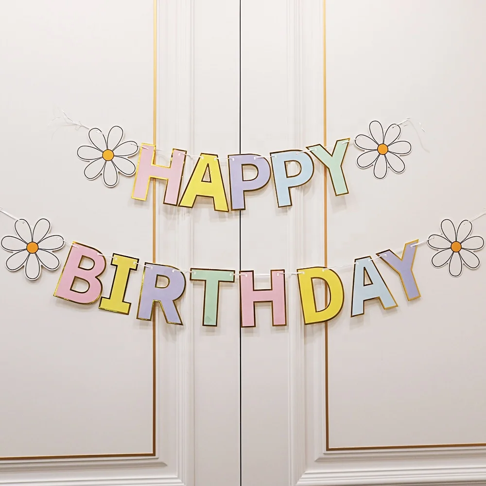 Macaron Smile Daisy theme Happy Birthday Party Banner Decorations Supplies for Kids Girls Foil Balloon Flower Paper Banner