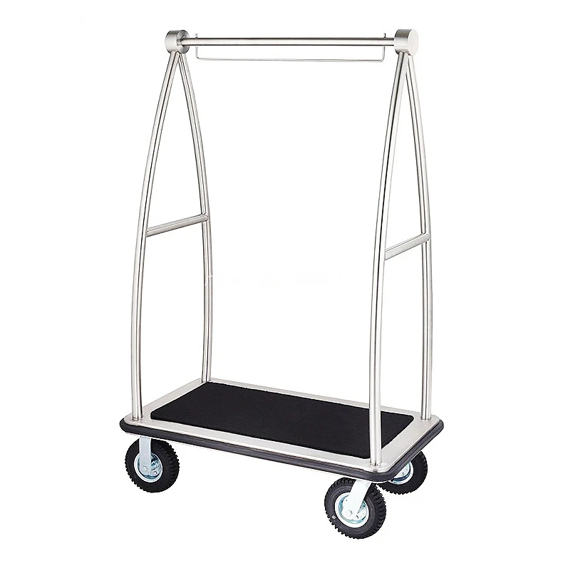 Hotel Silver Stainless Steel Lobby Baggage Trolley with Four Wheels Heavy Duty Hand Luggage Cart