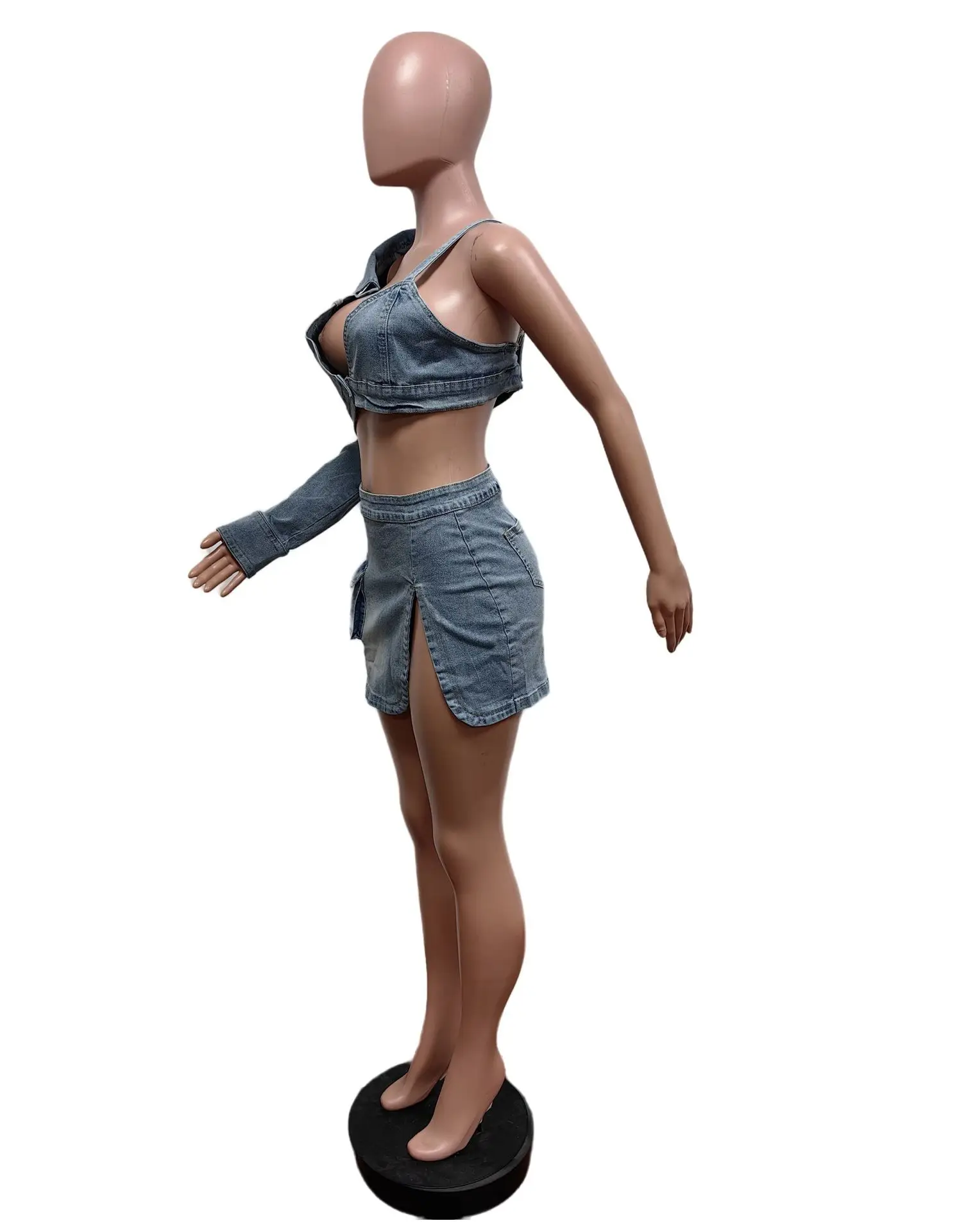 Sexy Stretch Jean Mini Skirt Outfits Women 2 Piece Set Fashion Asymmetry Jacket Bra Top With Skirt Denim Slit Skirt Set