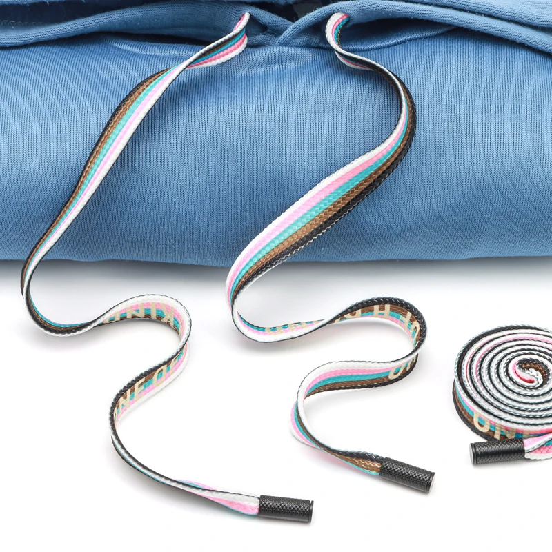 Popular Custom 20mm  Thermal Transfer Rainbow Hoodie String  Flat Hoodie String Cord with Black Metal Aglet