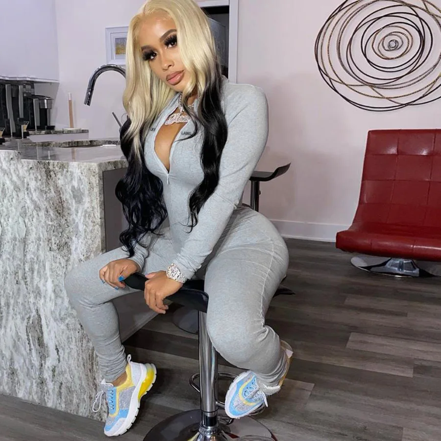 2021Embroidery Solid women one piece jumpsuits and rompers autumn Stacked Zipper lucky label jumpsuit