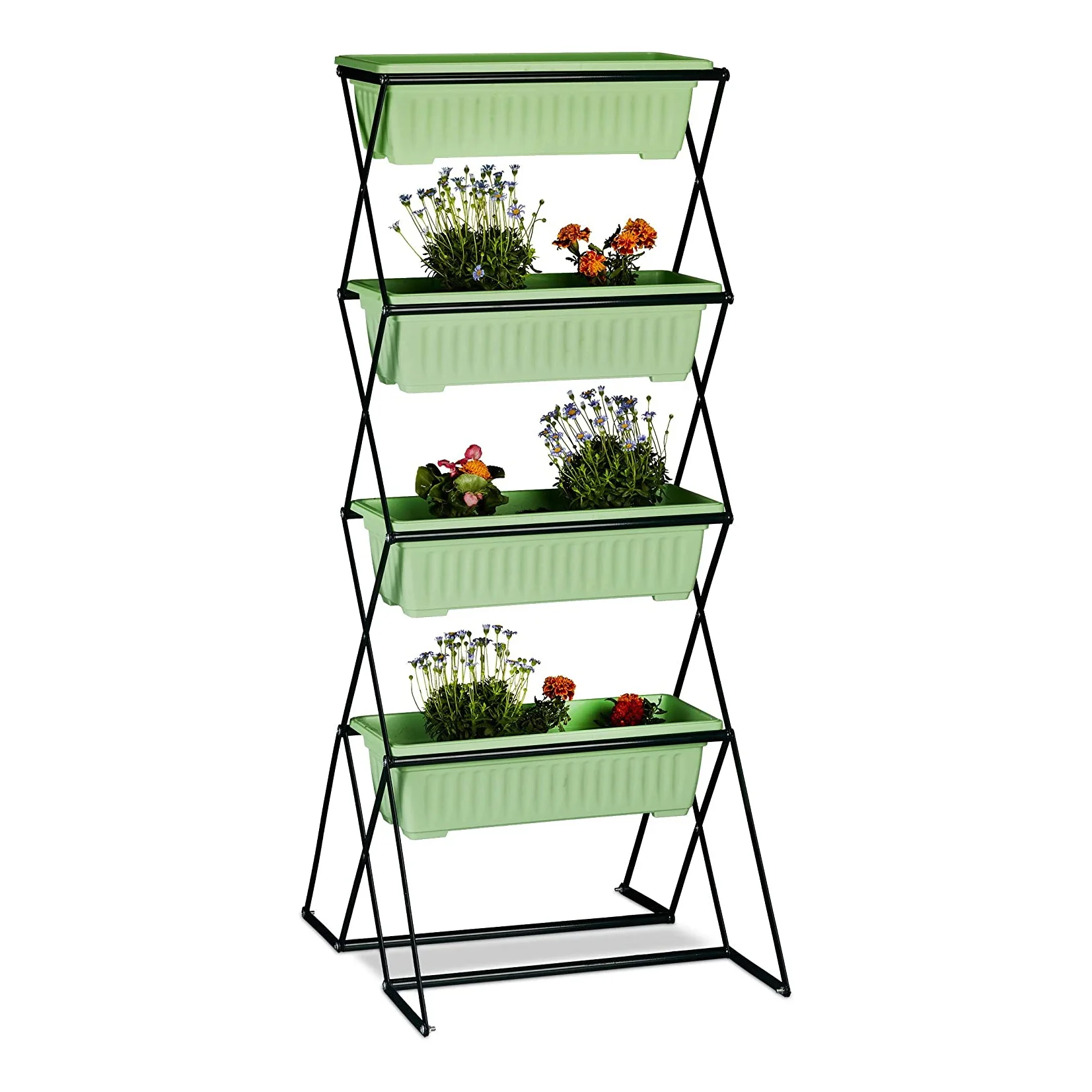 4 Tiers Vertical Plasticraised Bed Planter Shelf Freestanding Elevated Raised Garden Bed Planters with Plastic Flowerpot Metal