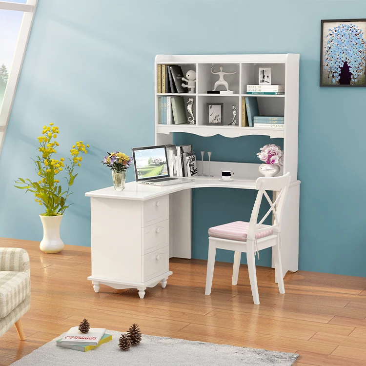 French Style Luxury Study Desk with Hutch Shelves Bookshelf Design for Girls Wood L Shape Corner Computer Home Table