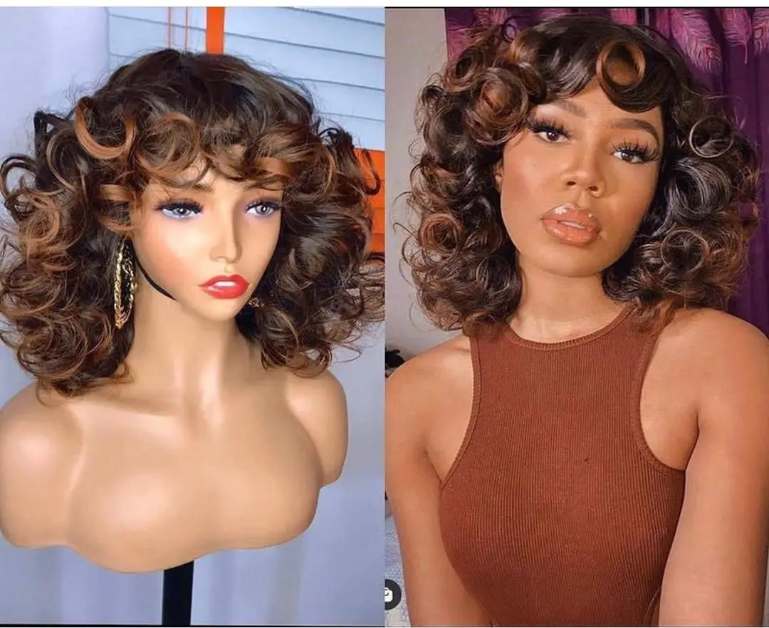 Glueless None Lace Human Hair Short Bob Wig New Design for Summer Brazilian Human Hair Bob Curl Machine Made Wig For Black Women