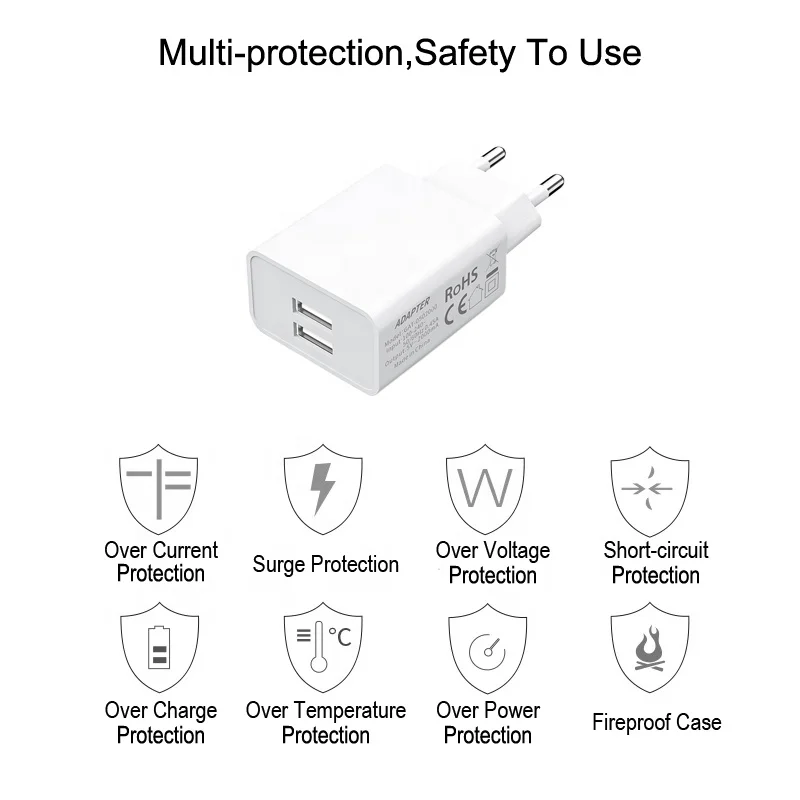 
EU plug CE Rohs certificated portable dual USB ports 5v 2a wall charger for mobile phones 