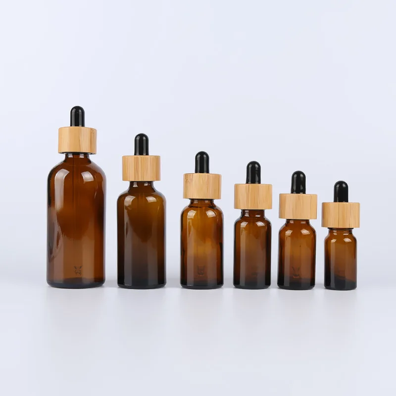 Glass Dropper Bottle Bamboo Lid Cap Amber Essential Oil Vial Industrial Facial Cleanser Eye Drops  20ml 15ml
