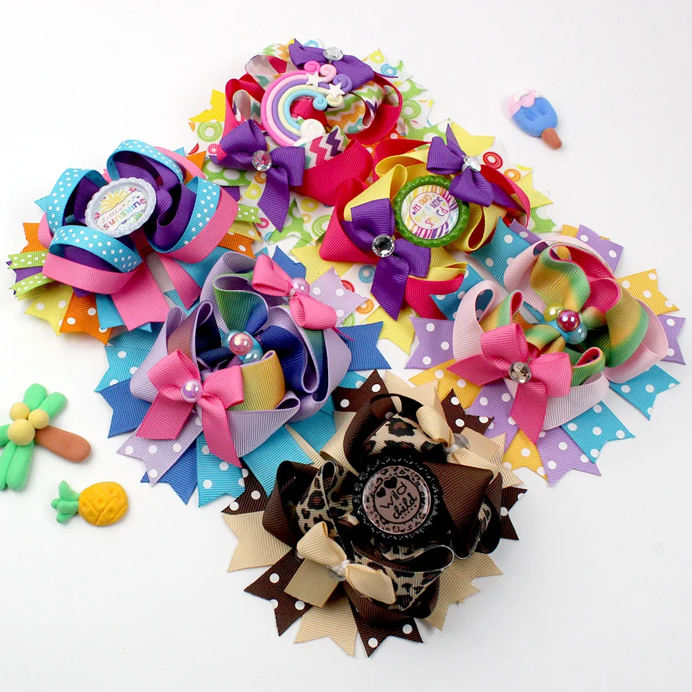 Spring Summer Collection Colorful Girls Hair Bow Cow Print Polka Dot Print Rainbow Bottle Cap Kids Girls Hair Accessories