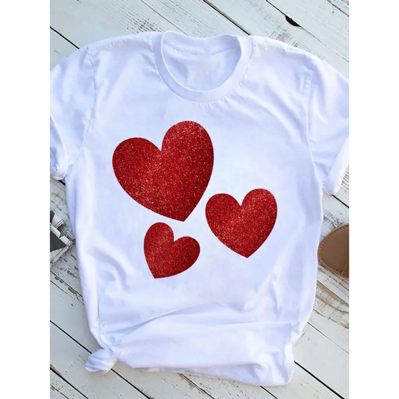 Heart Print Ladies T-shirt Ladies Casual Basis Graphic O-collar White Shirt Short Sleeve Ladies Love Oversized Printing T-shirt