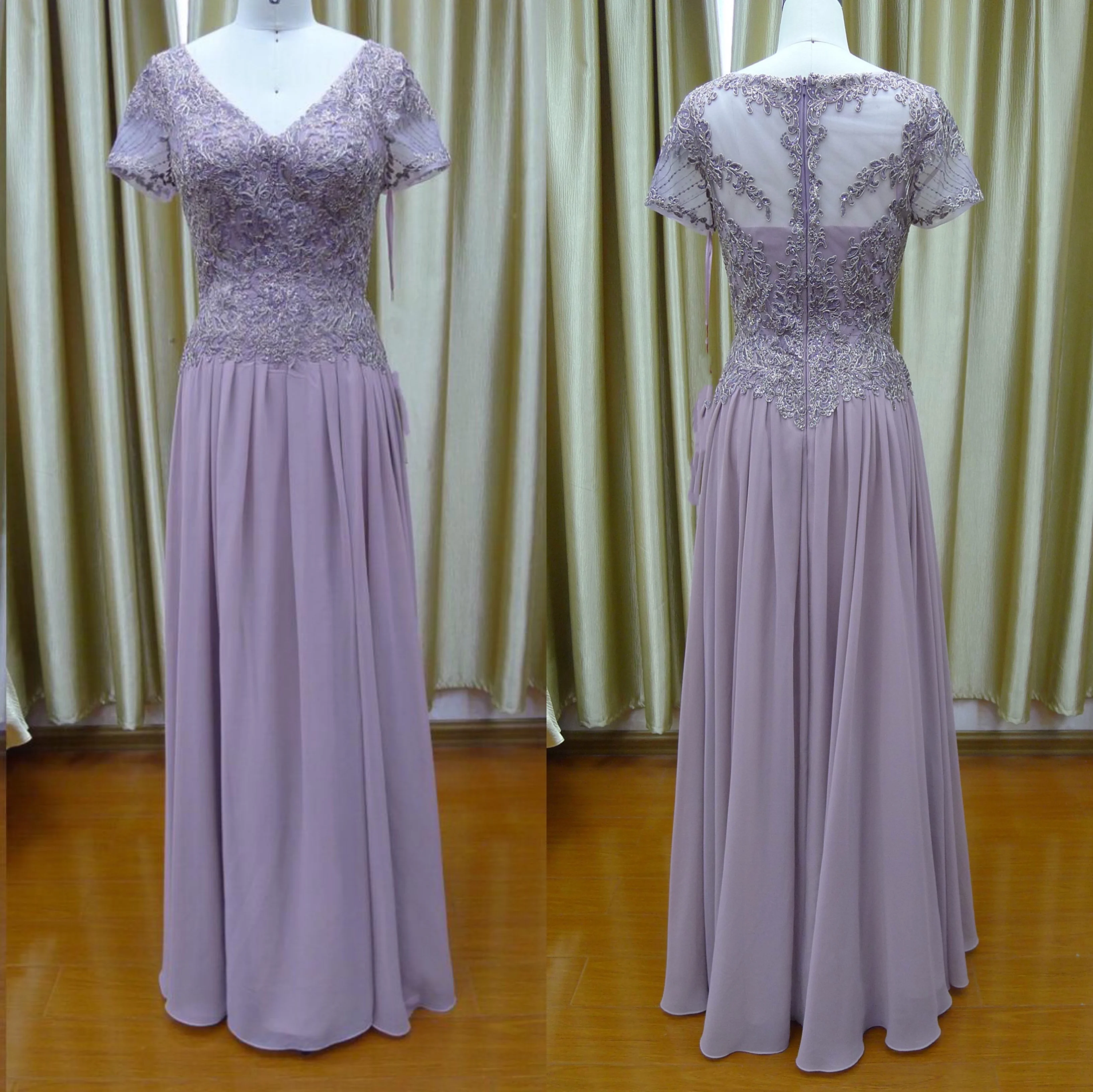 Lilac champagne mauve lace embroidered A-line chiffon Mother of The Bride Dresses with sleeves