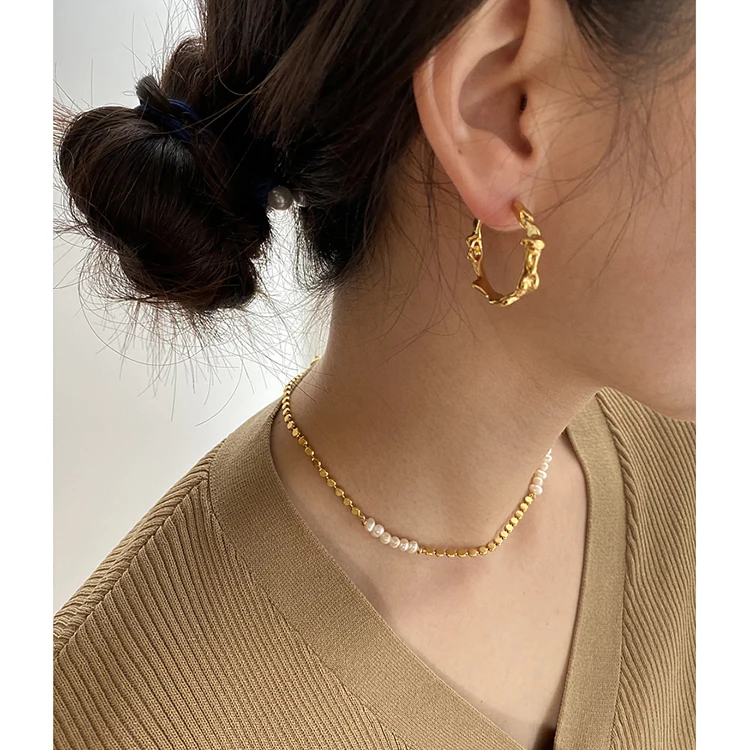 Flat Beads Chain Natural Freshwater Pearl Necklace Brass 18K Gold Plated Necklaces Women Vintage Boho Elegant Jewelry 2022 New