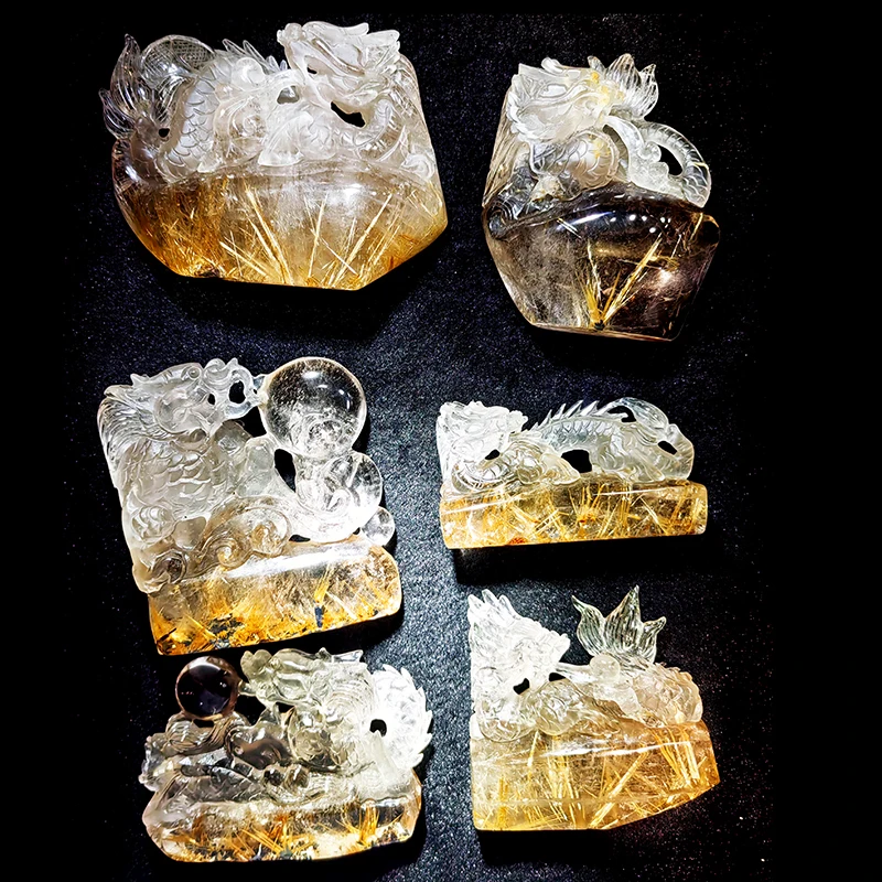Natural Rutilated crystal carvings china dragon high quality Golden hair crystal Rutile Quartz carved dragon for fengshui