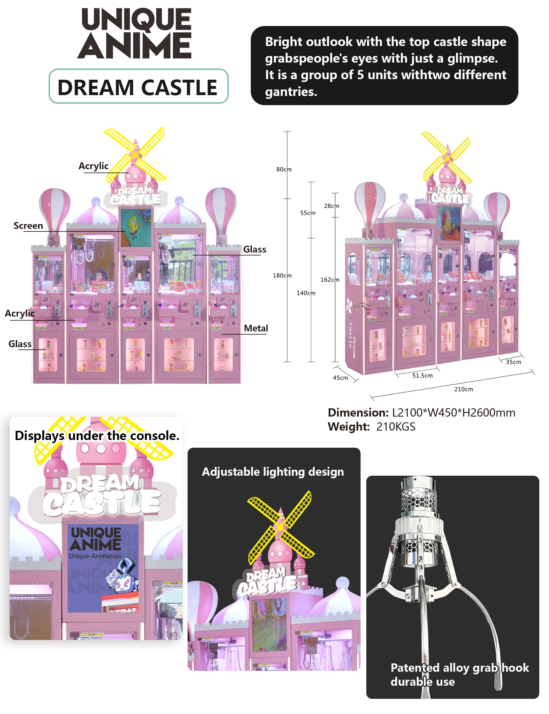 Dream Castle 5 игроков металлический кейс верхний светодиодный экран подарок оператор монет аркады игровой кран