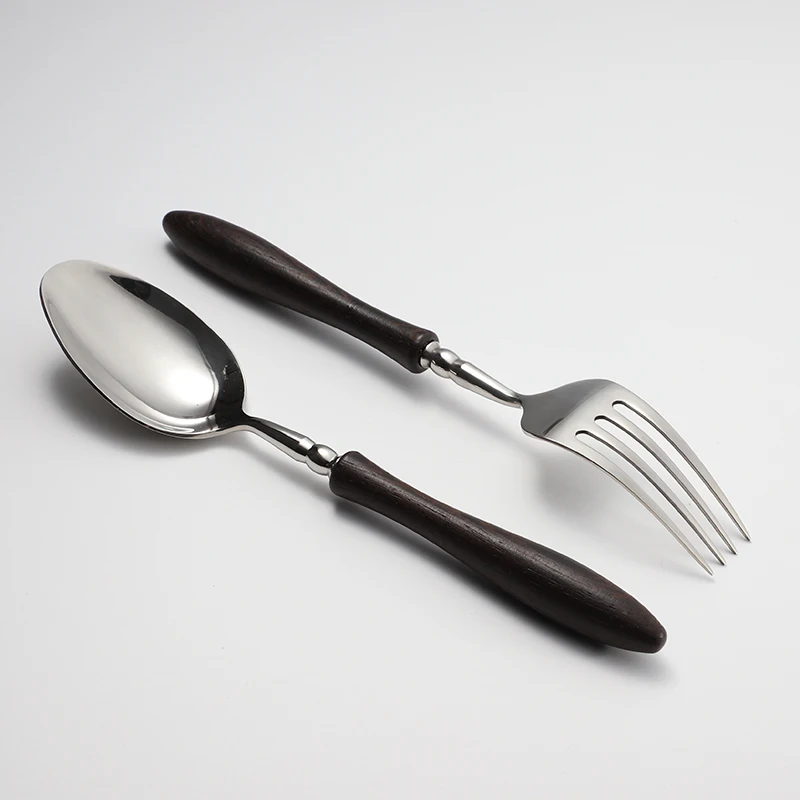 304 Stainless Steel Wooden Spoon Knife And Fork Reusable Wood Flatware Silver Cutlery Set