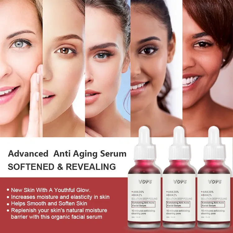Private label skin care aha 30% bha 2% peeling solution whitening brightening hyaluronic acid face serum