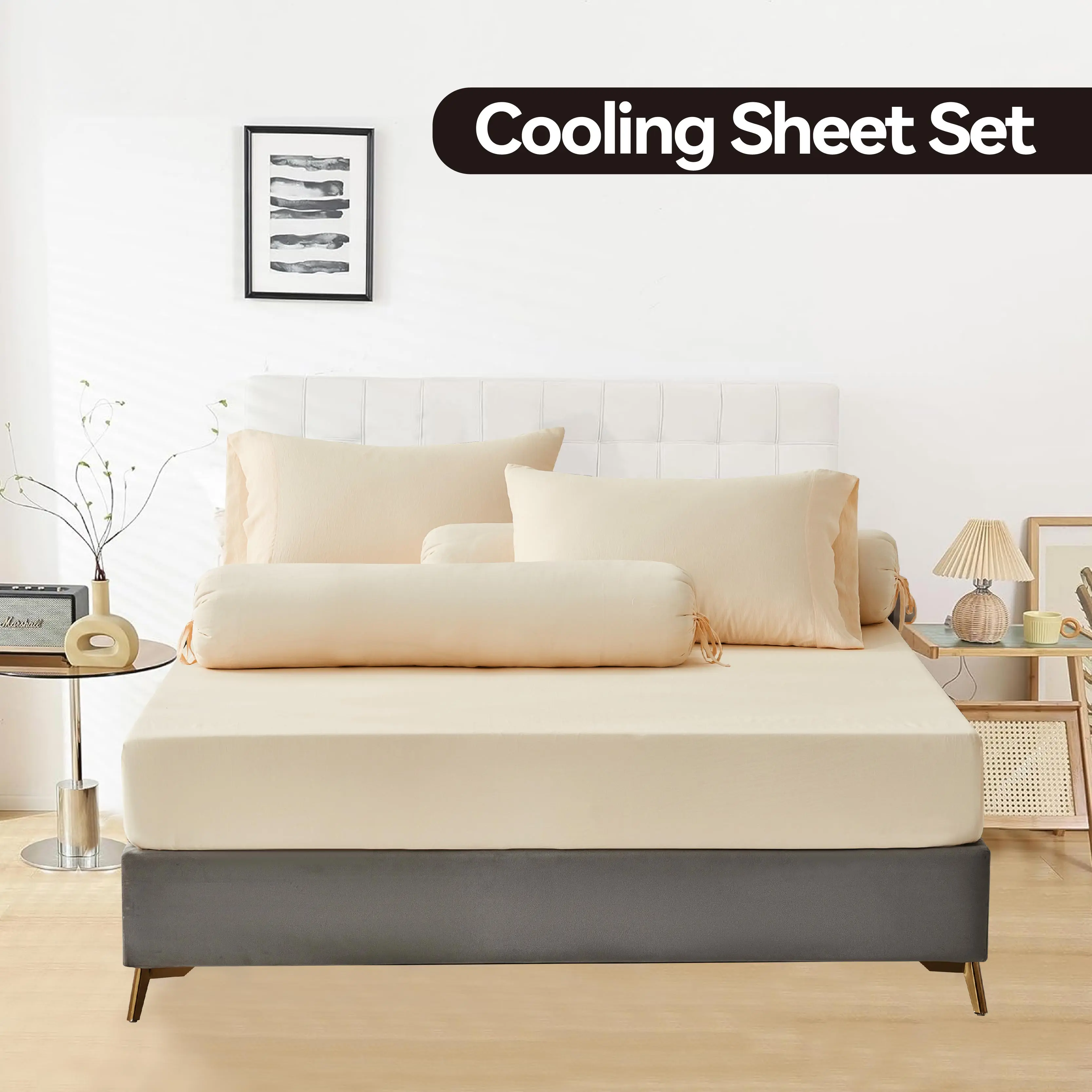 New Design Cool-Feeling Lyocell Bamboo Blend Nylon Fabric Fitted BedSheet Set Solid Plain Dyed Pattern Woven Technique