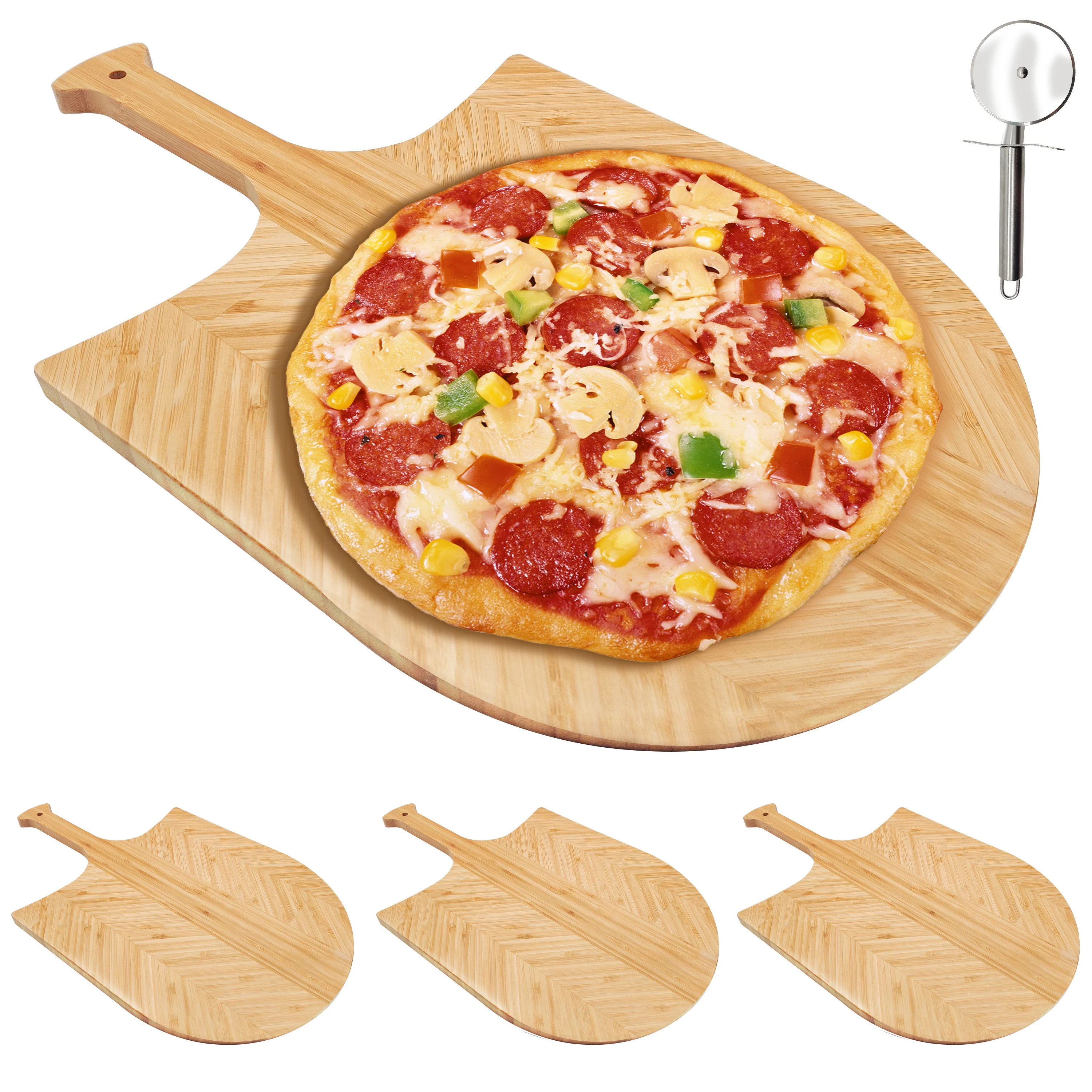 Customized Bamboo Wooden Pizza Peel Paddle and Cutting Board with Handle (for Baking Pizza, Bread, Fruit, Vegetables, Cheese)